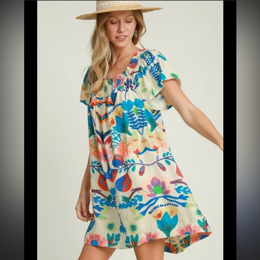 Umgee Cream Multicolor Floral Strapless Dress